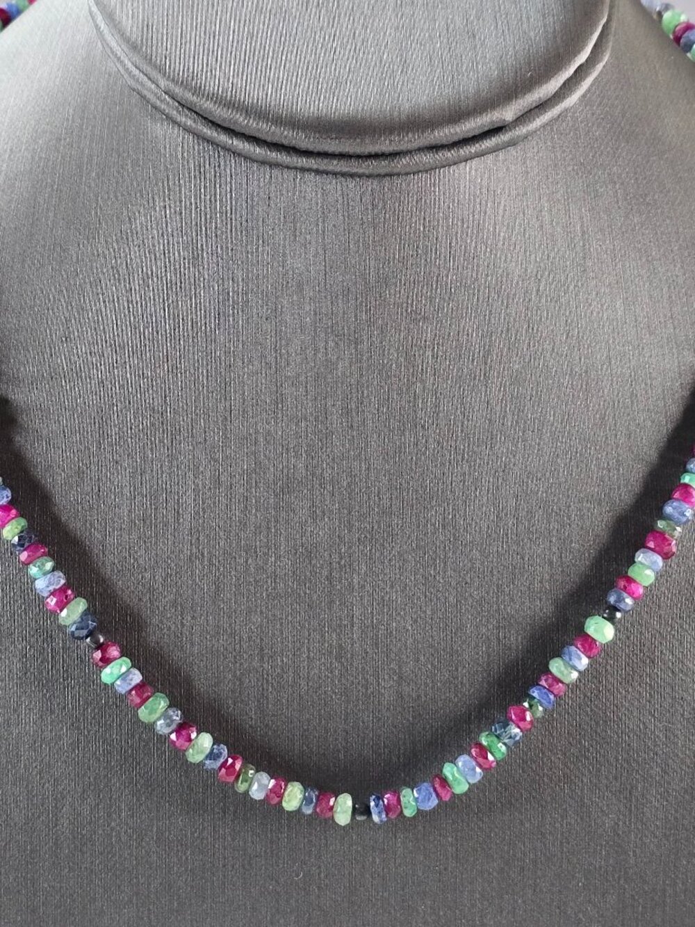 Women Vintage Sterling Silver Natural Emerald Ruby Sapphire Necklace 16.4g E6103